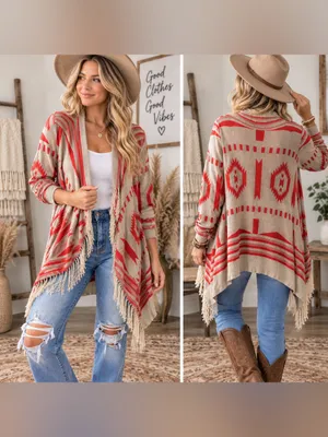Umgee Red and Tan Fringe Open-Front Cardigan thumbnail 2