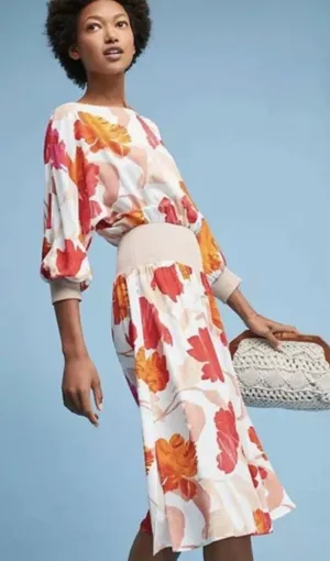 Maeve Anthropologie Floral Smocked Waist Midi Dress Red Orange White Size L‎ thumbnail 1
