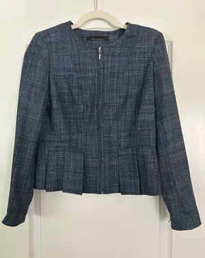 White House Black Market Peplum Pleated Hem Jacket Blue Crosshatch thumbnail 1