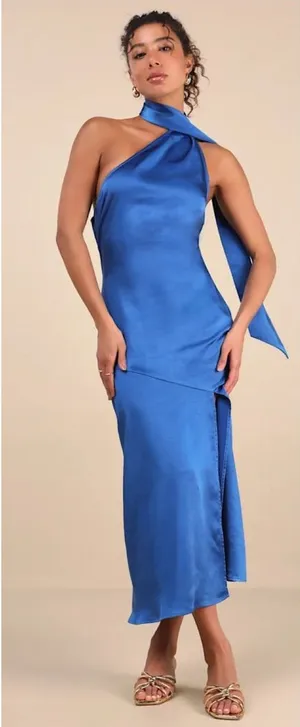 Lulus Reglan Blue Satin One-Shoulder Sash Midi Dress Size Small NWT Formal Sexy thumbnail 1