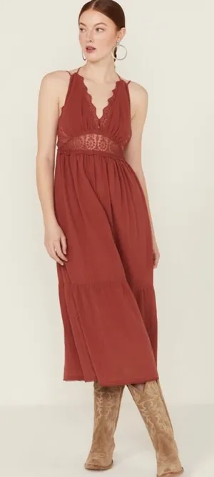 Lush Rust Red Lace-Trim Sleeveless Midi Boho Sun Dress Western Cottage Size S thumbnail 1
