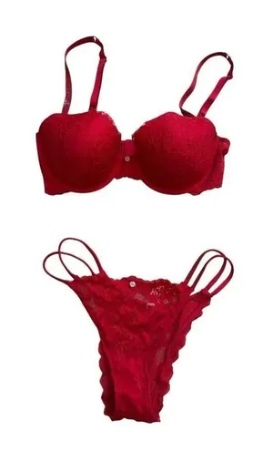 Victorias Secret Dream Angles Red Lace Balconette Bra and Panty 34DD Medium thumbnail 1