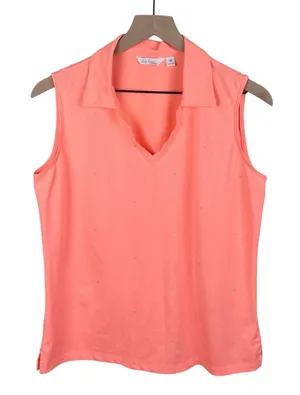 Lady Hagen Women's V-neck Golf Tank Top Size Medium Neon Orange Polka Dot Logo thumbnail 1