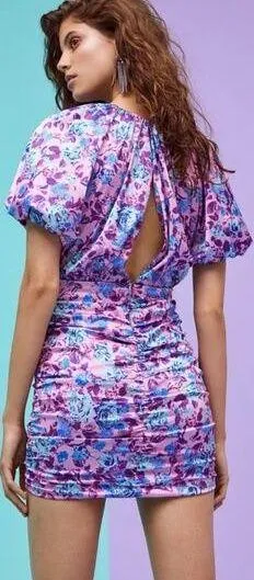 For Love & Lemons Tahiti Ruched Mini Dress Small Purple Floral Satin Cottagecore thumbnail 2