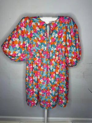 Floral Puff-Sleeve Casual Dress in Aqua with Pink & Orange Blooms thumbnail 1