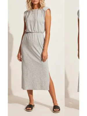 NEW Wayf Gray Sleeveless Shoulder Pad Midi Dress Split side NWT thumbnail 4
