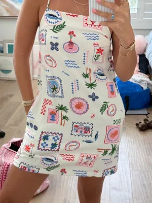 Monteau mini dress stamps doodles square neck sleeveless tropical print thumbnail 1