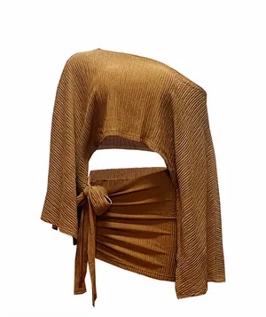 Women's Fashionable Asymmetrical Neckline Batwing Top & Bodycon Skirt Set, Elegant Sexy Chic thumbnail 2