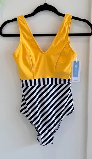 Cupshe Yellow and Black-White Striped One-Piece Swimsuit thumbnail 1