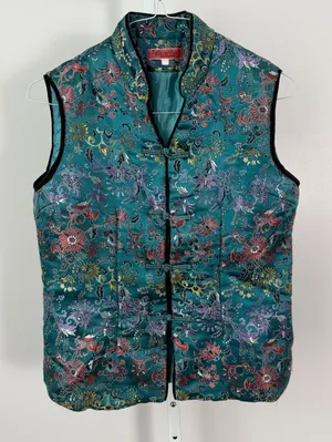VTG Foieverdev sz LTeal Floral Brocade‎ Mandarin Collar Vest Quilted thumbnail 1