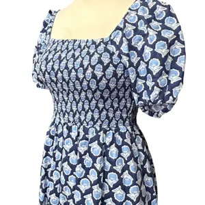 J Crew Smocked Midi Dress Women S Blue White Floral Puff Sleeves Cottage Boho thumbnail 2