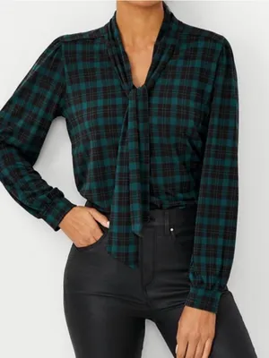 Ann Taylor Stretch Jersey Knit Green Black Plaid Tie-Neck Blouse Size S‎ thumbnail 1