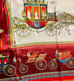 VINTAGE EQUESTRIAN horse&carriage BURGUNDY silky SCARF 35’/35’inches thumbnail 2