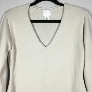 H&M Off White Minimalist Clean Girl Knit V Neck Oversized Sweater S Autumn Fall‎ thumbnail 2