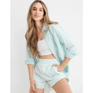 Aerie Button Down Shirt Women Large Green Pink Striped Coastal Relaxed Fit Top thumbnail 3
