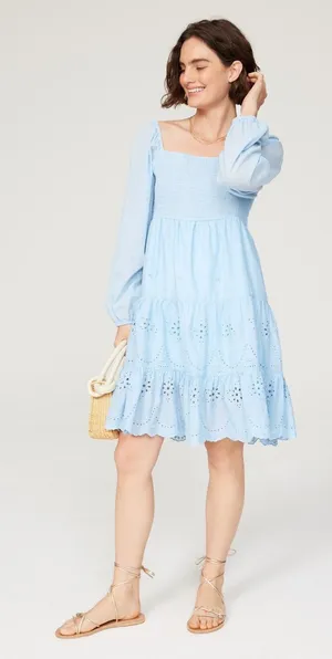 Area Stars Eyelet Trim Light Blue Long Sleeve Square Neck Dress Size Medium thumbnail 1