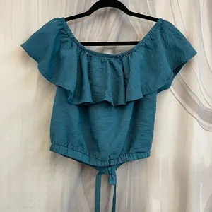 The nines S Small Ruffled Off-Shoulder Teal Crop Top with Tie Hem thumbnail 6