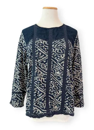 Lucky Brand | L | Navy Patterned Lace Accent Cotton Boho Peasant Shirt Top thumbnail 1