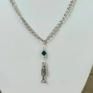 Hand Crafted Antique Silver Toy Soldier with Green Crystal Chain Necklace thumbnail 2