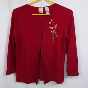 Emma James Women’s M Red Embroidered Floral Cardigan thumbnail 1