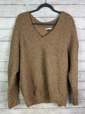 American Eagle Outfitters Brown V-Neck Waffle Knit Sweater Size Large thumbnail 1