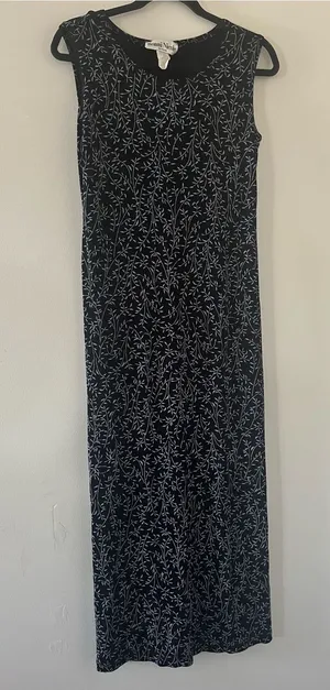 Vintage 90s Black Blue Floral Botanical Embroidered Midi Dress 6 Resort Tropical thumbnail 1