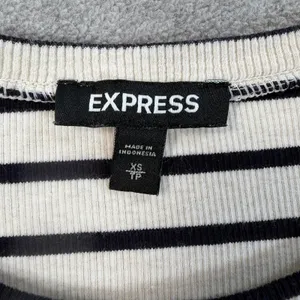 EXPRESS Women's X-Small Striped Ribbed Knit Puff Sleeve Top Cream Black Blouse thumbnail 4
