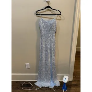 Betsy & Adam Ice Blue Silver All Over Sequin Slip Slit Formal Gown, 4‎ thumbnail 3