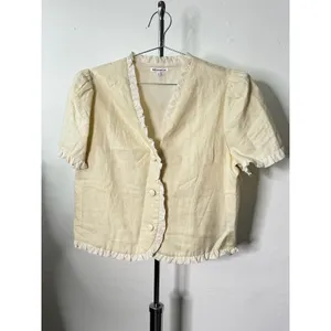Reformation Linen Ruffle Trim Top Yellow Puff Sleeve Button Front Blouse thumbnail 2