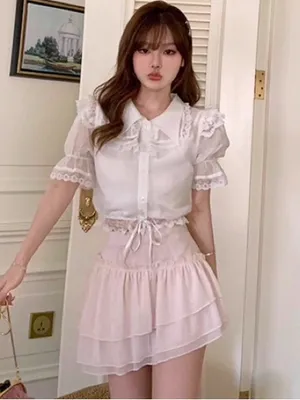 Japanese Kawaii White Lace Ruffle Elegant Lace Blouse Crop Top thumbnail 5