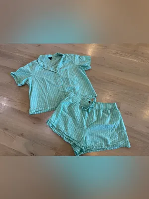 GAP BODY poplin cotton short sleeve top and shorts pajama green stripe set large thumbnail 2