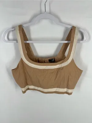 7 For All Mankind Contrast Trim Linen Blend Crop Top Tan Cream M thumbnail 2