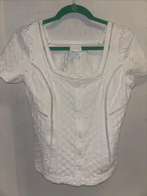 Ett:Twa By Anthropology White Button Front Eyelet Blouse Classic Square Neckline thumbnail 4