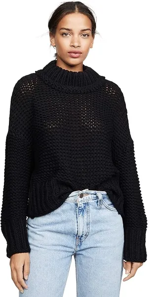 [Free People] Black‎ My Only Sunshine Chunky Knit Mock Neck Sweater Sz Medium M thumbnail 1