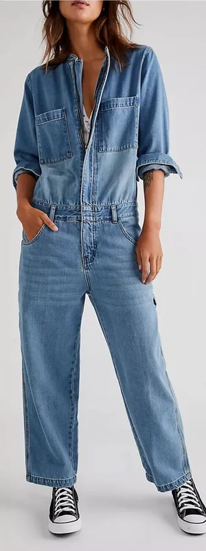 Sundance Free People x Sandrine Rose Denim Boiler Suit Utility Jumpsuit Sz M 🧡🍄 thumbnail 1