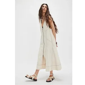 Free People Santino Denim Zip Front Midi Dress in Ecru Medium Minimalist thumbnail 10