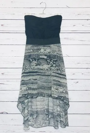 Black & White Aztec Tribal Pattern Strapless High Low Dress Size Medium thumbnail 1