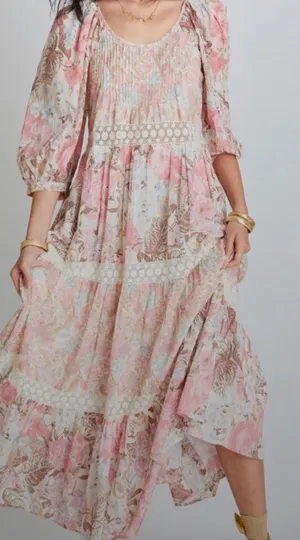 LoveShackFancy Evren Floral Lace Trim Puff Sleeve Cotton Maxi Dress Pink Small thumbnail 1