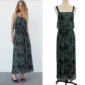 Zara Maxi Dress Tie‎ Dye Printed Chiffon Beaded Straps Green Size Small thumbnail 2