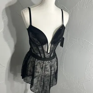 Roma Black Sheer Lace Babydoll Chemise with Plunge Cups thumbnail 3