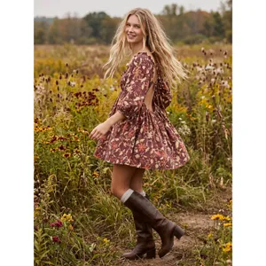 Free People Western Bohemian Dainty Lola Mini Dress Mocha Combo Large Floral NWT thumbnail 5