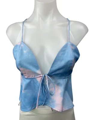 Superdown Blue Pink Tie Dye Sleeveless Tie Peplum Cami Camisole Crop Top Size S thumbnail 1