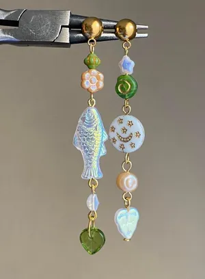 Handmade quality Czech glass beads mix asymmetric unique dangle earrings💚⭐️🐟💕🌙 thumbnail 1