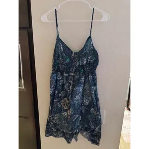 Sam & Max‎ Blue Teal Floral Paisley Smocked Empire Waist Mini Dress Large thumbnail 2