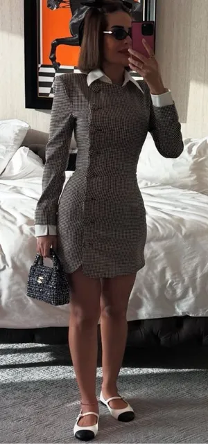 House of CB LEONI Brown Puppytooth Check Bodycon Mini Dress NWOT‎ Size XL thumbnail 1