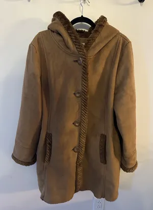 St. John’s Bay Faux Suede/Fur Coat Brown Midi Jacket Size1X Hooded Button Close thumbnail 1