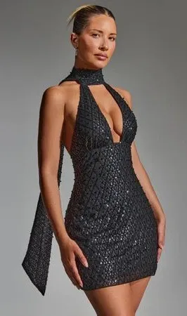 Oh Polly Embellished scarf detail halter neck mini dress thumbnail 1