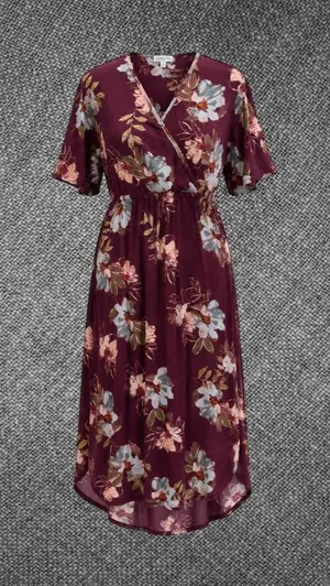 Patrons Of Peace Burgundy Floral Rayon Midi Dress Size Small thumbnail 1