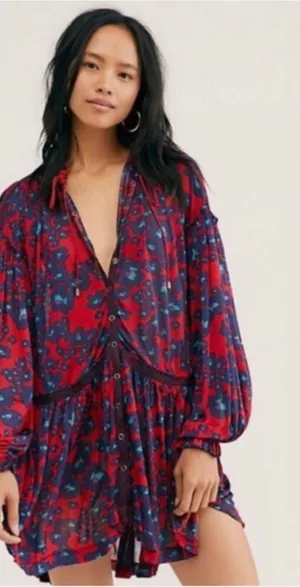 Free People Love Letter Tunic Top Mini Dress Red retail $128.00 thumbnail 1