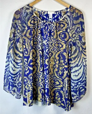 Chico's 2 large chicos Shirt Blue Aztec Bohemian sheer rhinestones festival thumbnail 1
